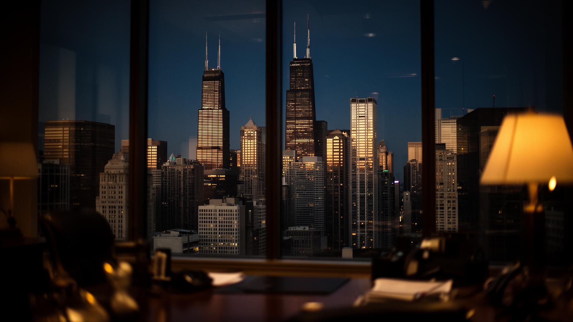 Chicago skyline at dusk viewed from a high office window